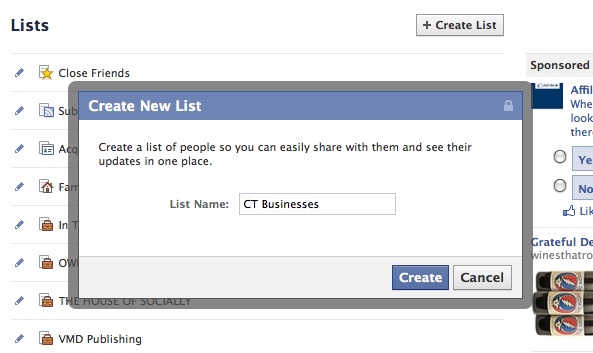 To create a Business List on Facebook, type name of list in field