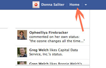 To delete Facebook business pages first click on the drop down arrow next to the Home link