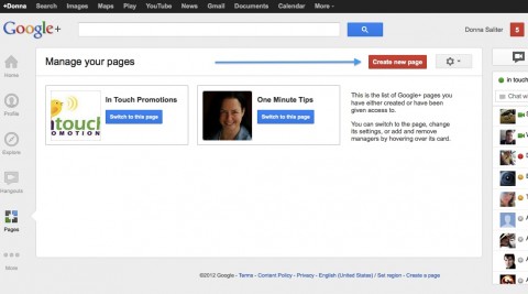Create a new Google+ page icon is in the upper right corner