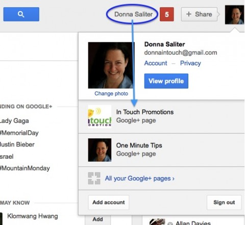 Once you create a Google+ business page you can switch from one G+ account to another